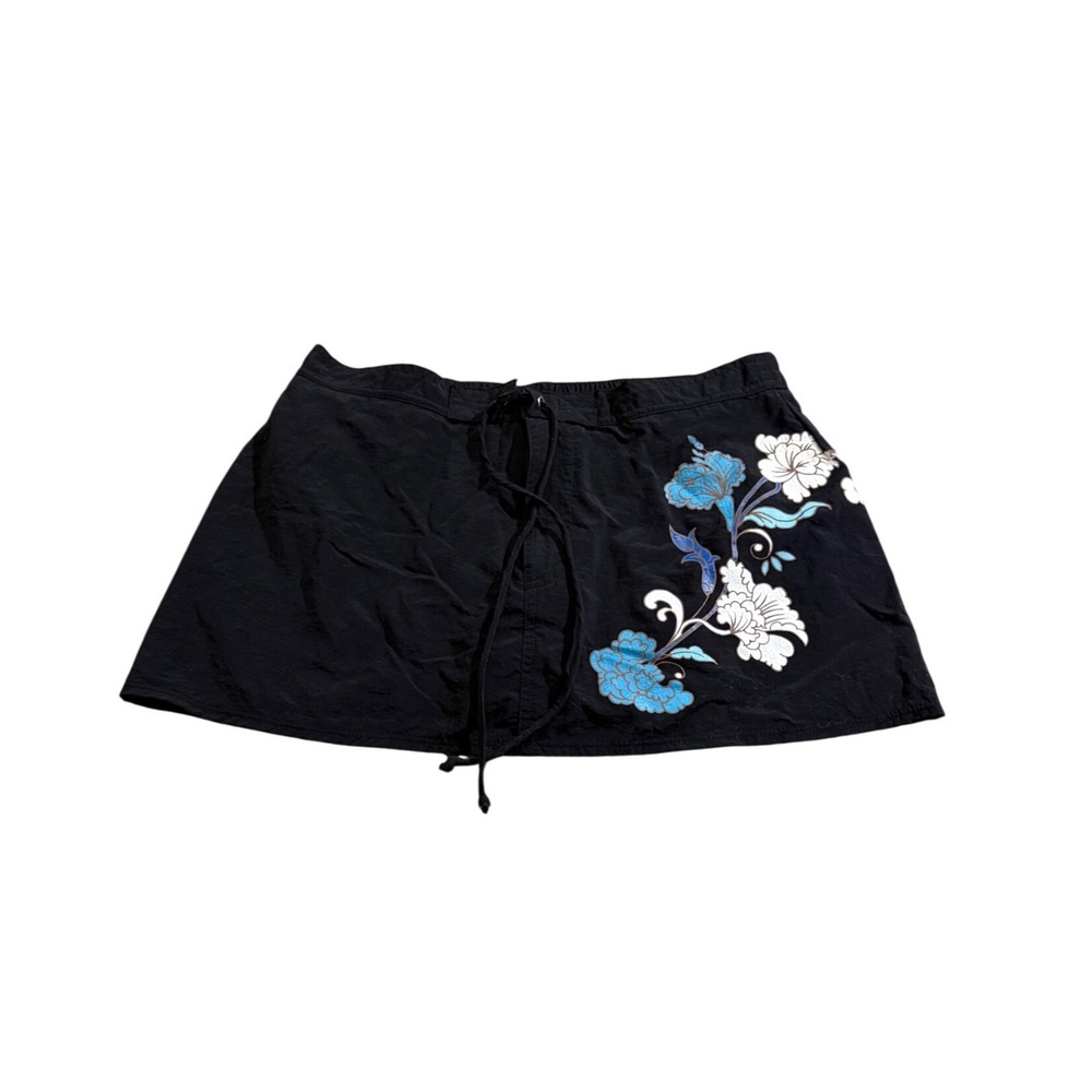 Y2K Cazimi Swim Skirt 10 Black Floral Drawstring Beach Micro Skort 2000s Grunge